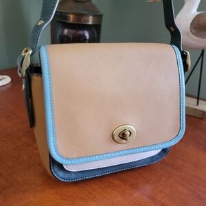 Coach Colorblock Rambler 16 Limited Edition Crossbody Tan Blue Pink #89126